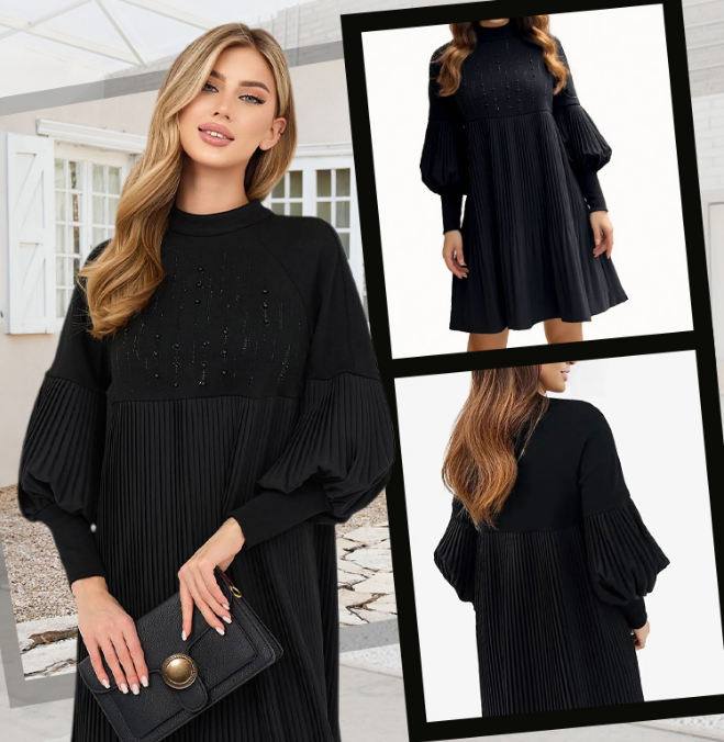 ๐ Women's Plus Size Lantern Sleeve Stand Collar Dress