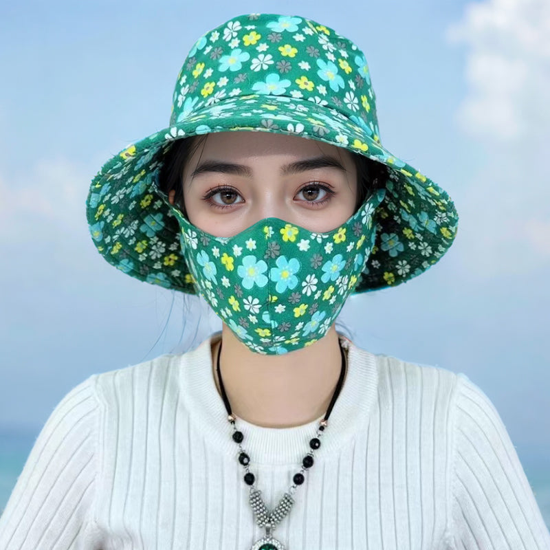 Floral Large Brimmed Sun Hat with Mask