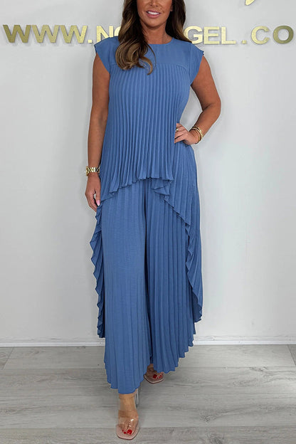 👗Laney Pleated Short Sleeve Irregular Midi Top and Elastic Waist Wide Leg Pants Set✨