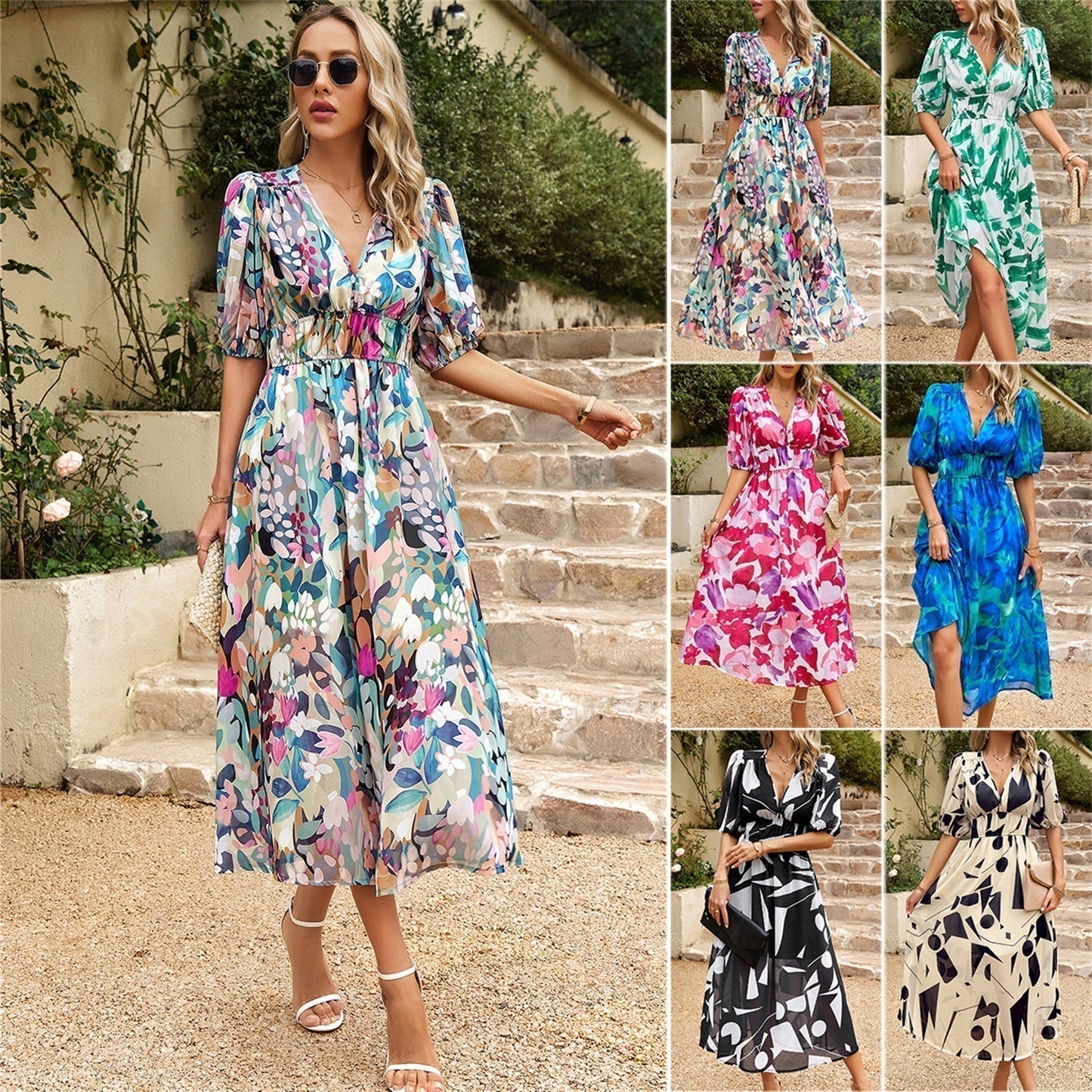 🔥Vente chaude🔥Robe taille haute imprimée à col en V à la mode