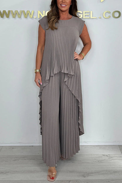 👗Laney Pleated Short Sleeve Irregular Midi Top and Elastic Waist Wide Leg Pants Set✨