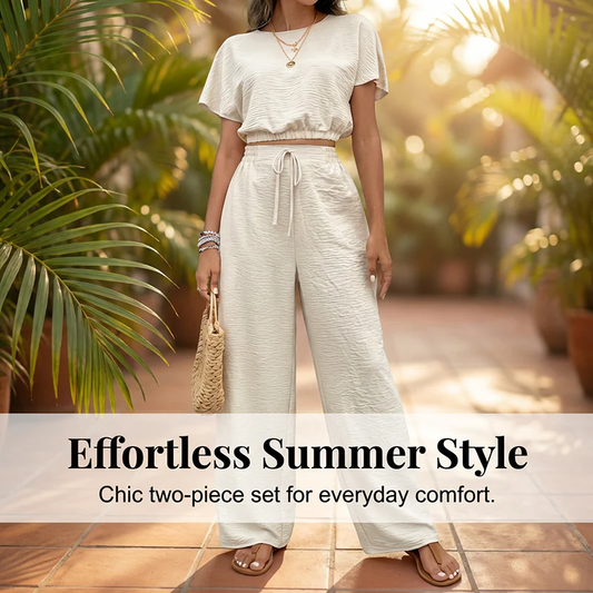 Short Sleeve Top Loose Straight Leg Pants Two Piece Set For Women