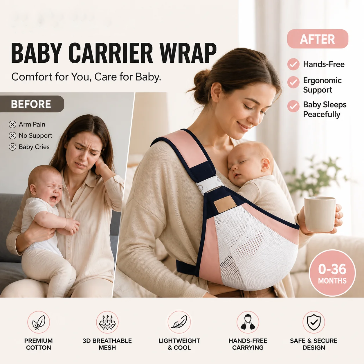 4-in-1 Breathable Baby Carrier – 0-36 Months, Front/Back/Facing In/Out – Hands-Free Comfort for Parent & Baby! ✨