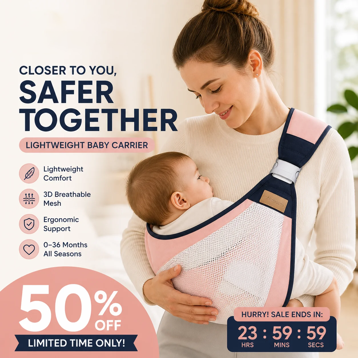 4-in-1 Breathable Baby Carrier – 0-36 Months, Front/Back/Facing In/Out – Hands-Free Comfort for Parent & Baby! ✨