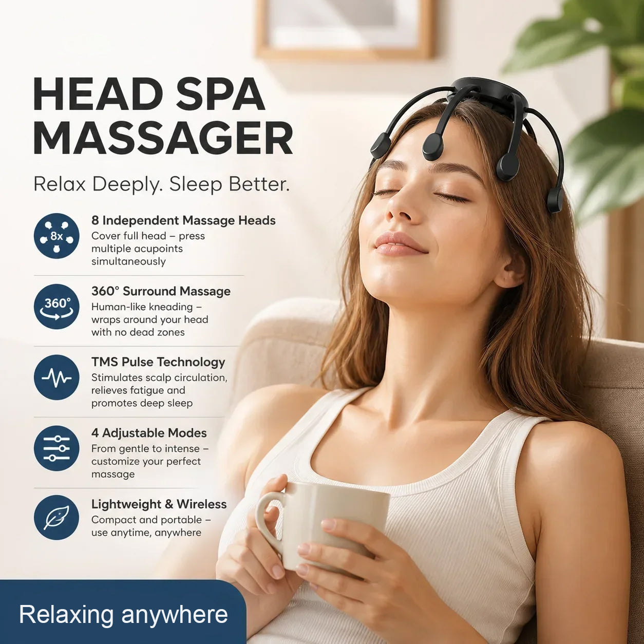 Cordless 8-Point Electric Scalp Massager – 4 Vibration Modes & USB-C Rechargeable