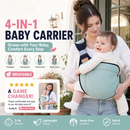 4-in-1 Breathable Baby Carrier – 0-36 Months, Front/Back/Facing In/Out – Hands-Free Comfort for Parent & Baby! ✨