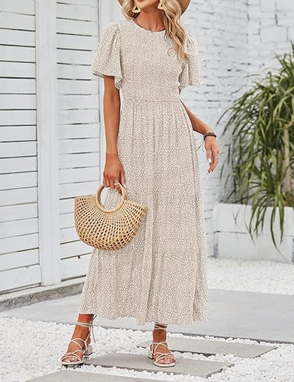 👗Women's Casual Floral Print Short Flutter Sleeve Smocked High Waist Flowy Maxi Dress