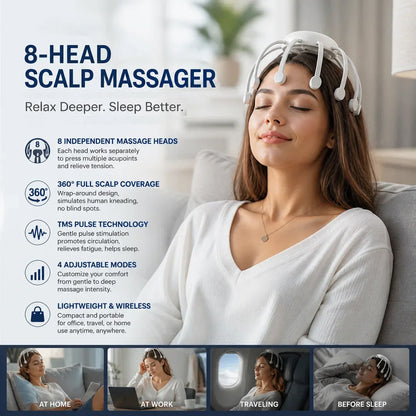 Cordless 8-Point Electric Scalp Massager – 4 Vibration Modes & USB-C Rechargeable