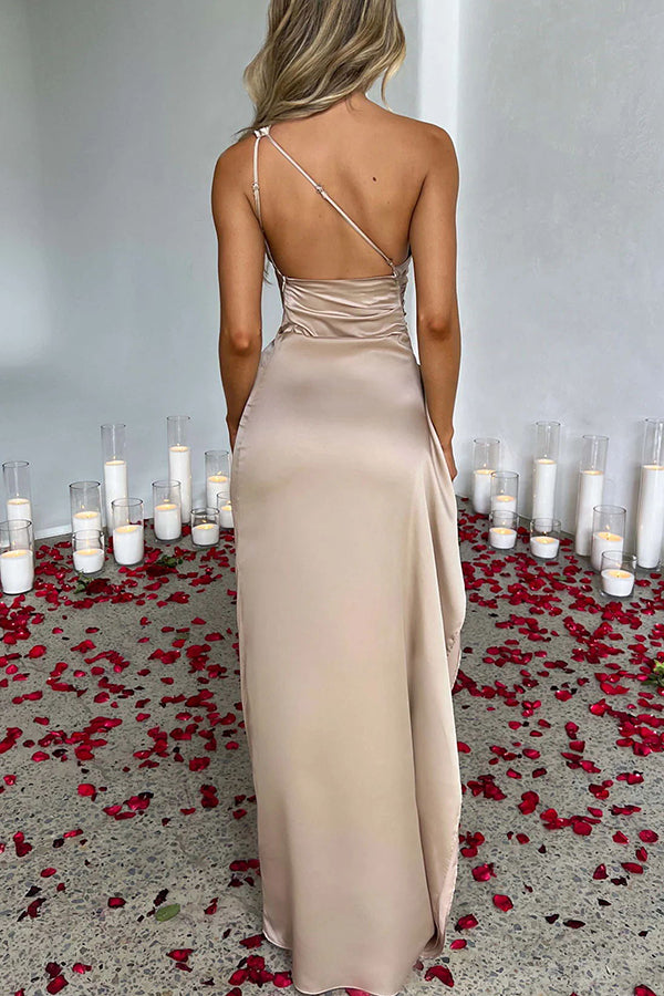 ⏳Time-limited Special⏰Fits Your Curves Satin One Shoulder Drape Slit Maxi Dress