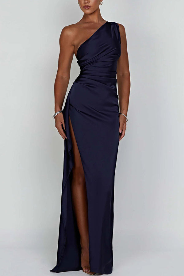 ⏳Time-limited Special⏰Fits Your Curves Satin One Shoulder Drape Slit Maxi Dress