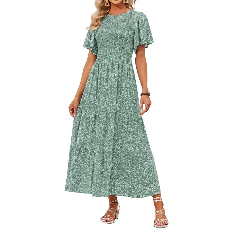 👗Women's Casual Floral Print Short Flutter Sleeve Smocked High Waist Flowy Maxi Dress