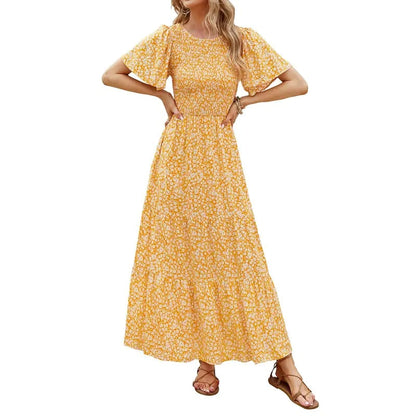 👗Women's Casual Floral Print Short Flutter Sleeve Smocked High Waist Flowy Maxi Dress