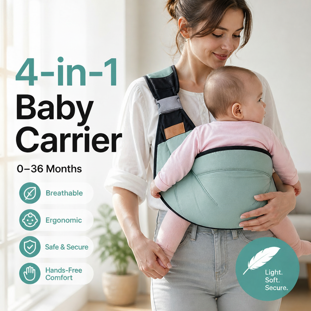 4-in-1 Breathable Baby Carrier – 0-36 Months, Front/Back/Facing In/Out – Hands-Free Comfort for Parent & Baby! ✨
