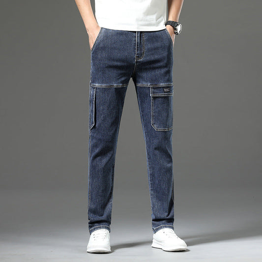 Jeans Vintage Droits Extensibles pour Hommes avec Multiples Poches