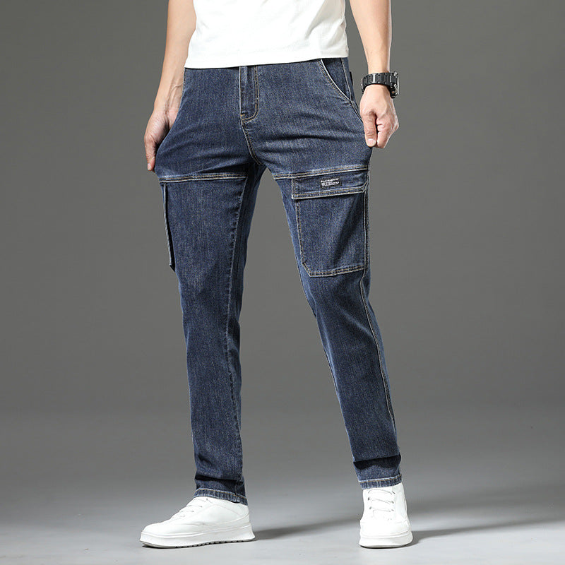 Jeans Vintage Droits Extensibles pour Hommes avec Multiples Poches