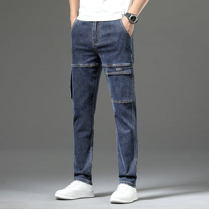 Jeans Vintage Droits Extensibles pour Hommes avec Multiples Poches