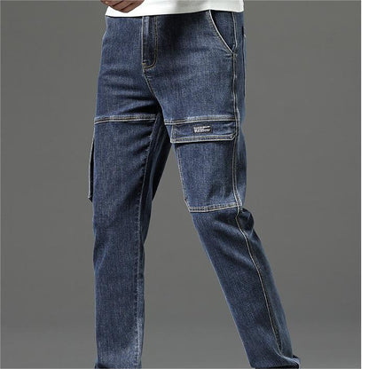 Jeans Vintage Droits Extensibles pour Hommes avec Multiples Poches