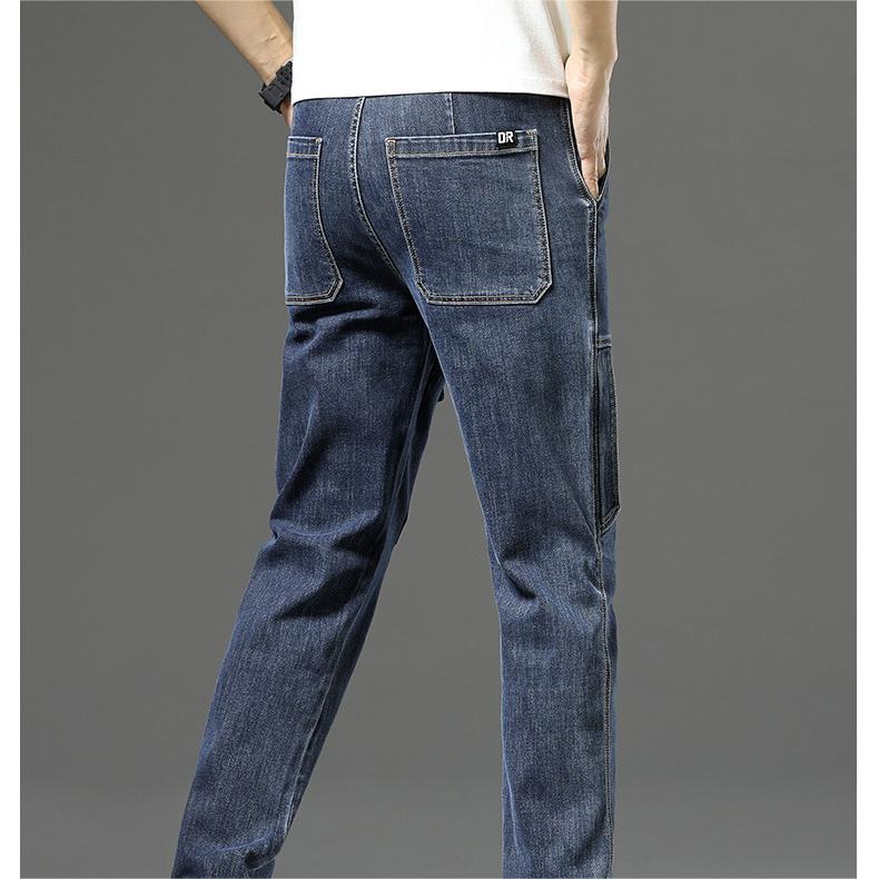 Jeans Vintage Droits Extensibles pour Hommes avec Multiples Poches