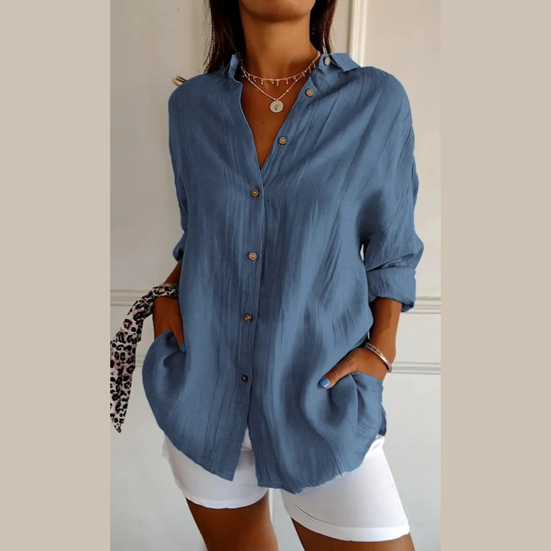 Chemise classique plissée texturée à revers simple pour femmes