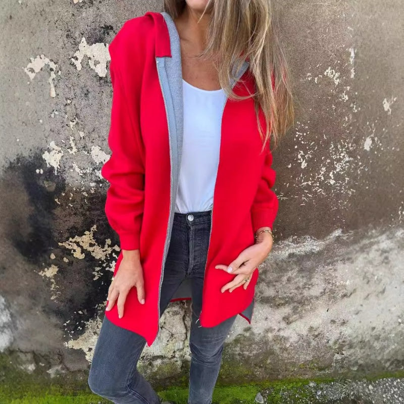 Manteau à Capuche Zippé Uni avec Poches pour Femmes