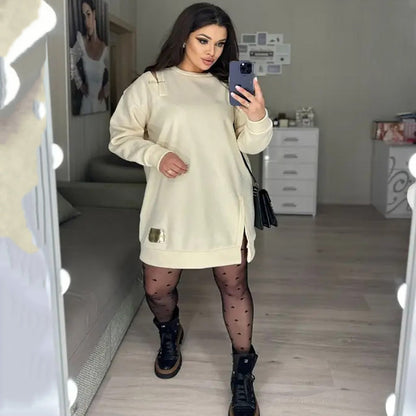 Stylish Round-Neck Side-Slit Long-Sleeve Loose Midi Dress ✨