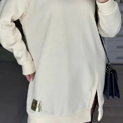 Stylish Round-Neck Side-Slit Long-Sleeve Loose Midi Dress ✨