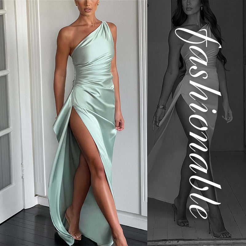 ⏳Time-limited Special⏰Fits Your Curves Satin One Shoulder Drape Slit Maxi Dress