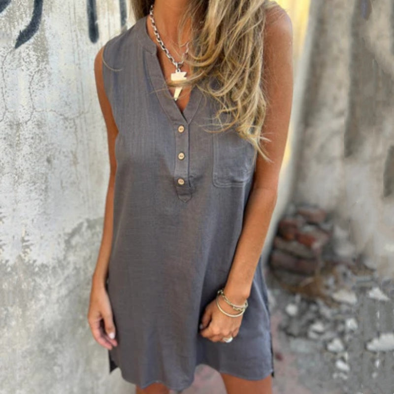 💖Women's Sleeveless Button Pocket V-Neck Dress