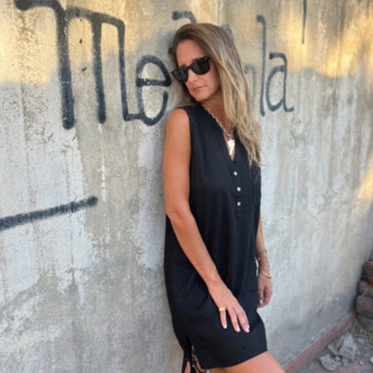 💖Women's Sleeveless Button Pocket V-Neck Dress