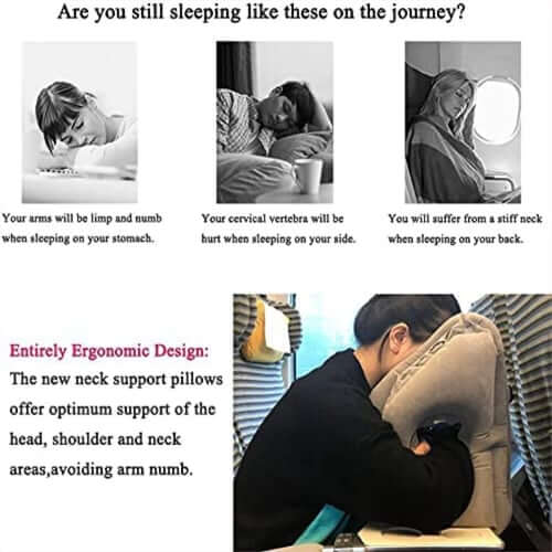 Inflatable Ergonomic Hollow-Cutout Travel Pillow – PVC Flocking, Quick Inflate, With Storage Bag ✨