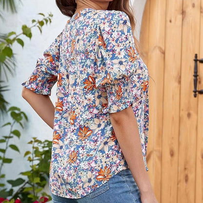 Floral V-neck Puff Sleeve Blouse For Women🌺