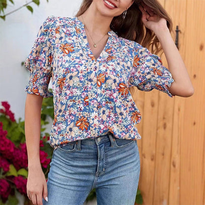 Floral V-neck Puff Sleeve Blouse For Women🌺