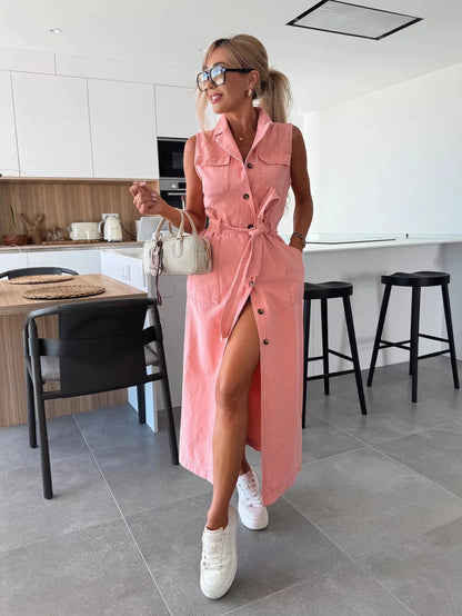 💥Solid Button Pocket Denim Dress