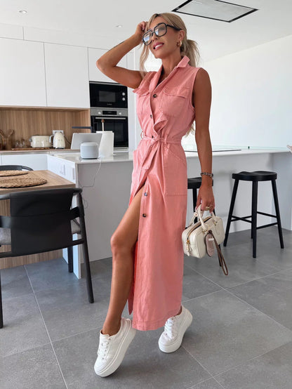💥Solid Button Pocket Denim Dress