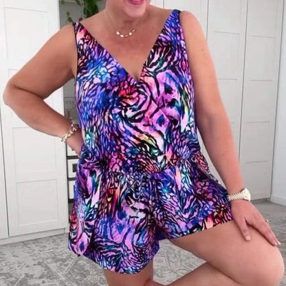 🩱 Sleeveless V-Neck Printed Swimsuit