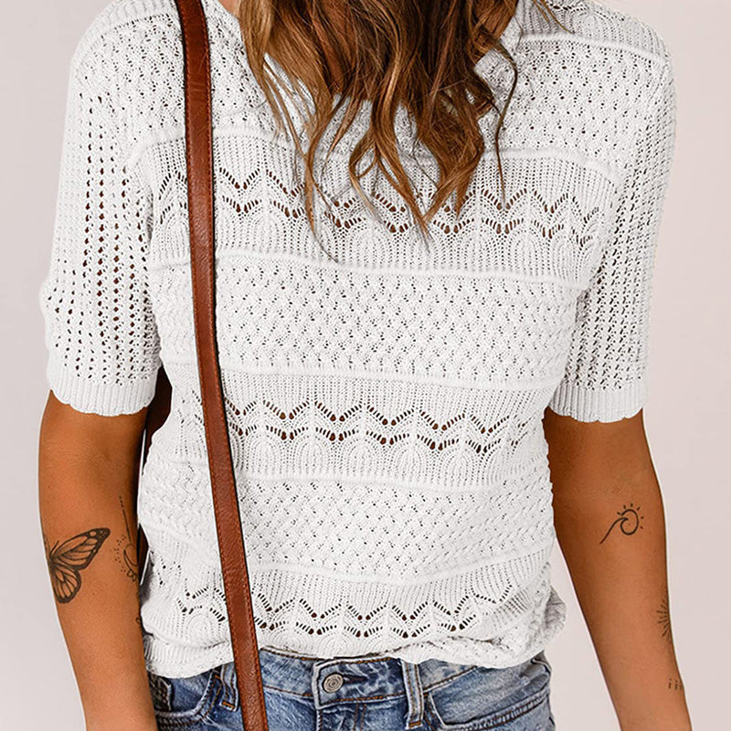Women's Round Neck Hollow Knit Crochet Short Sleeve Sweater