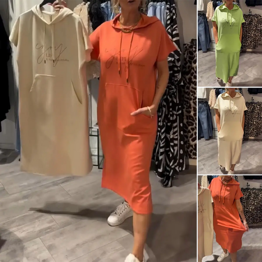 🔥Women’s Solid Short-Sleeve Hooded Long Dress