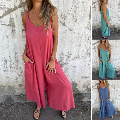 Women's Casual Loose Cotton-Linen Blend Jumpsuit with Pockets and Adjustable Straps