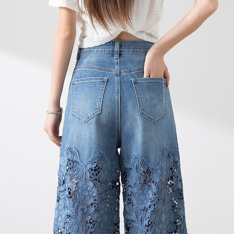 Women's High-Waisted Blue Denim Wide-Leg Pants with Cut-Out Lace Panels