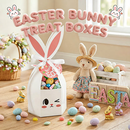 10PCS Easter Bunny Treat Boxes with Ribbons & Tags
