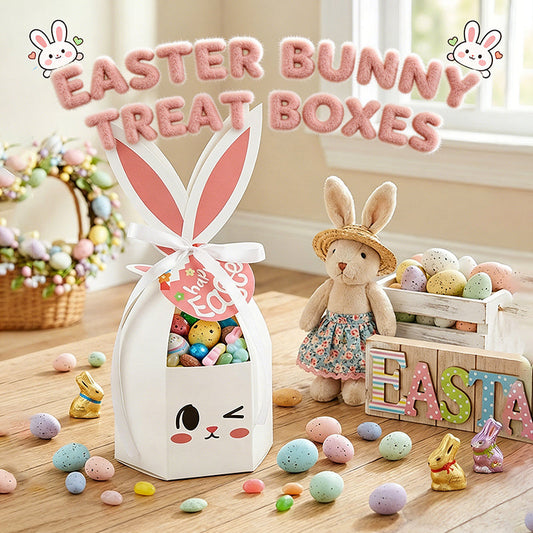 10PCS Easter Bunny Treat Boxes with Ribbons & Tags