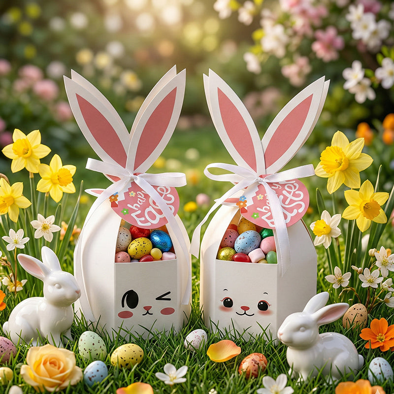 10PCS Easter Bunny Treat Boxes with Ribbons & Tags