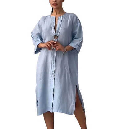 Women's Casual V-Neck Linen Shirt Dress
