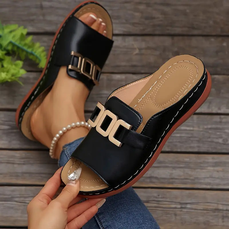 Artificial Leather Open Toe Slippers