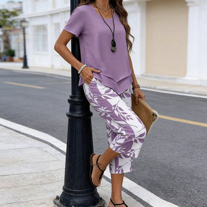 🔥Women's 2-Piece Set – Layered Asymmetrical Tunic Top & Printed Wide Leg Pants, Breathable Polyester ✨