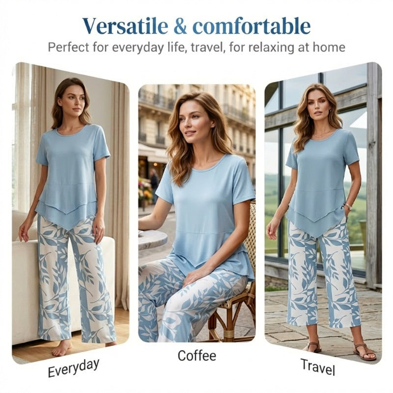 🔥Women's 2-Piece Set – Layered Asymmetrical Tunic Top & Printed Wide Leg Pants, Breathable Polyester ✨