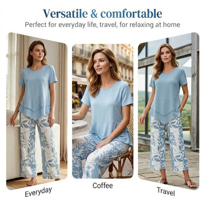 🔥Women's 2-Piece Set – Layered Asymmetrical Tunic Top & Printed Wide Leg Pants, Breathable Polyester ✨