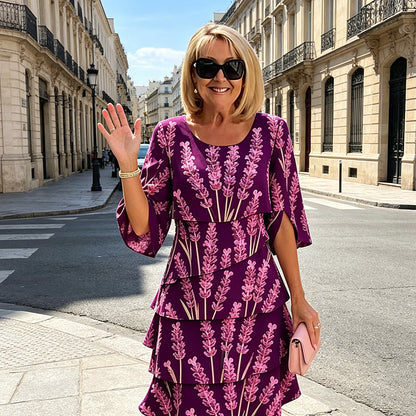👗 Tiered Midi Dress – Floral Pattern, Split Sleeves, Flowy, Elegant 🌸