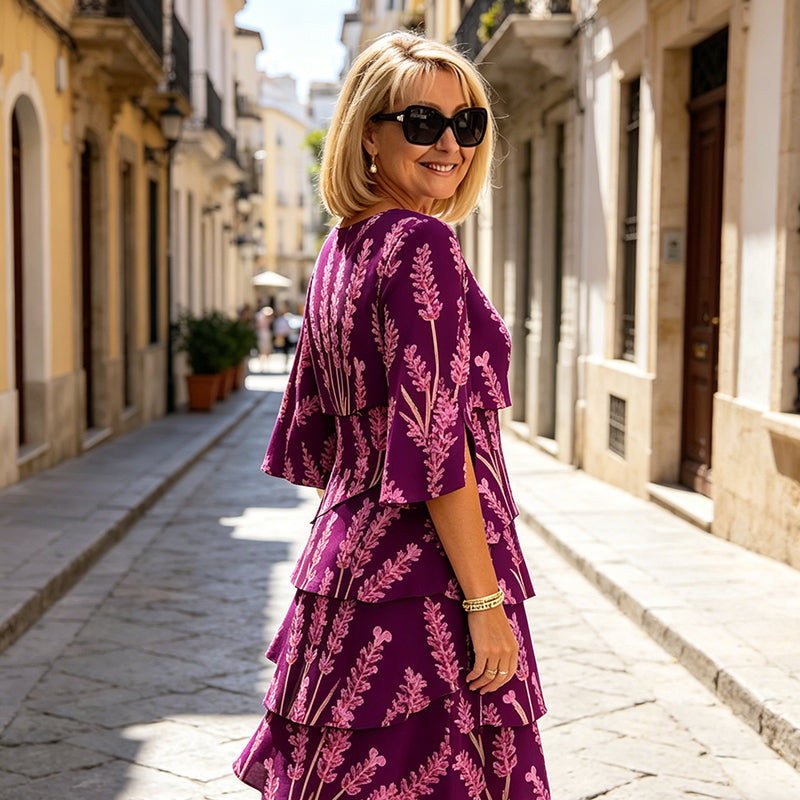👗 Tiered Midi Dress – Floral Pattern, Split Sleeves, Flowy, Elegant 🌸