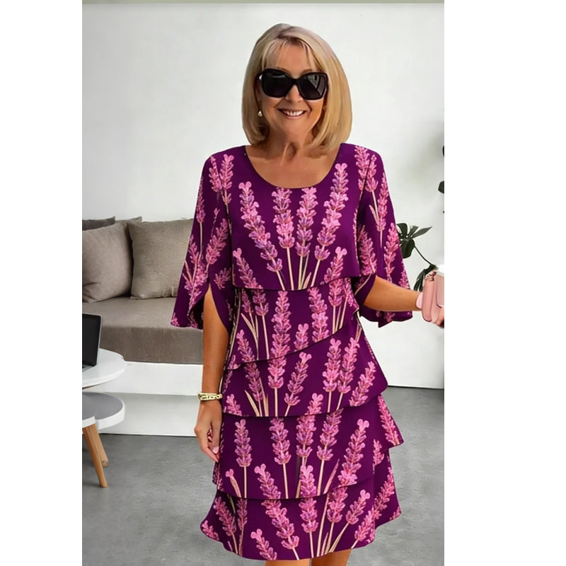 👗 Tiered Midi Dress – Floral Pattern, Split Sleeves, Flowy, Elegant 🌸